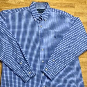 Ralph Lauren Mens Button Down Blue Checkered Plaid Shirt Size M 100% Cotton